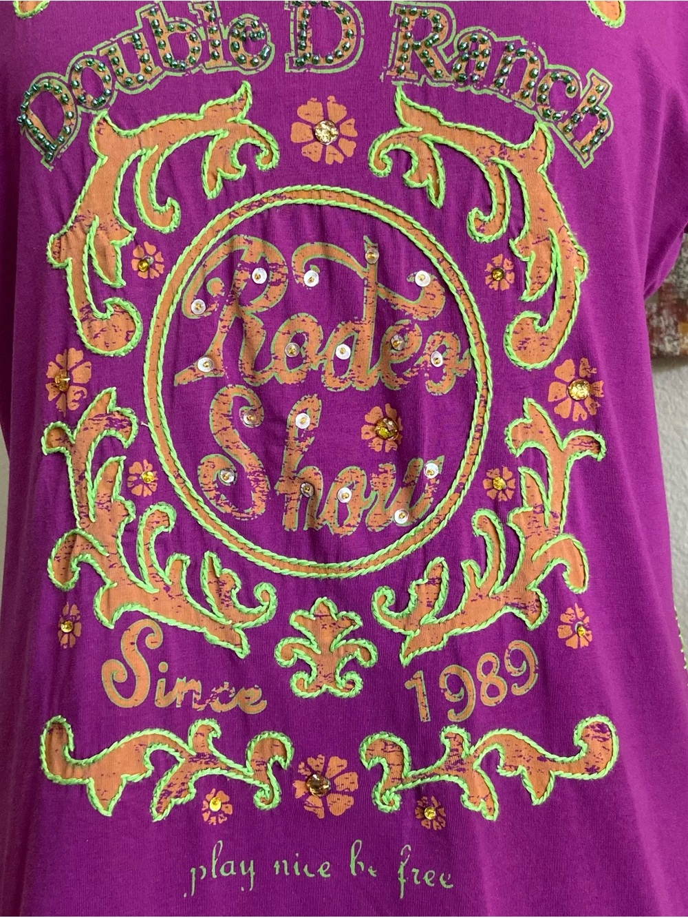 Top - Double D Ranch - "Rodeo Show Since 1989" graphic tee - Embroidered, Sequin - Picture 3 of 8